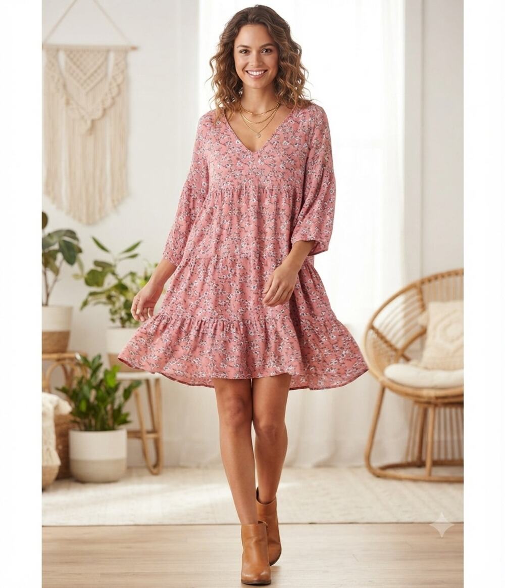 Natural Life Boho Pink Floral Tiered V-Neck Midi Dress L/XL Cottagecore Flowy